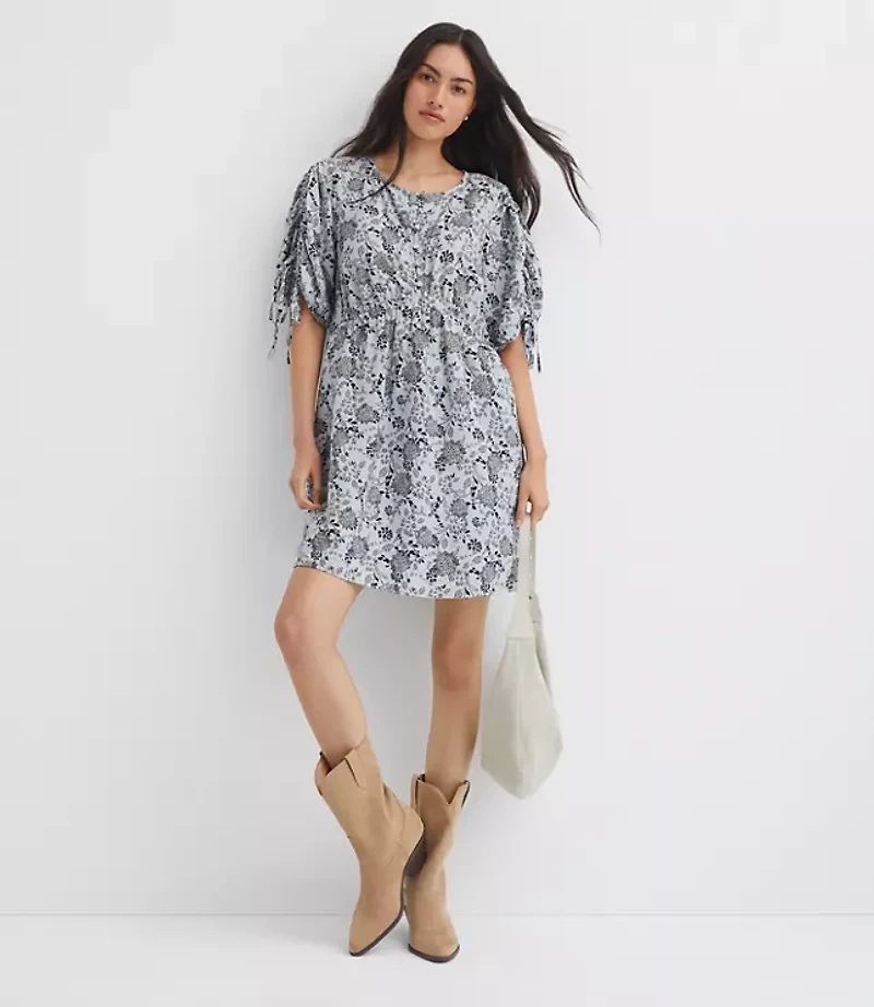 Petite Floral Ruched Sleeve Mini Pocket Dress