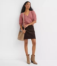 Petite Flecked Stitchy Puff Sleeve Cardigan