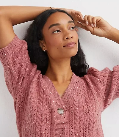 Petite Flecked Stitchy Puff Sleeve Cardigan