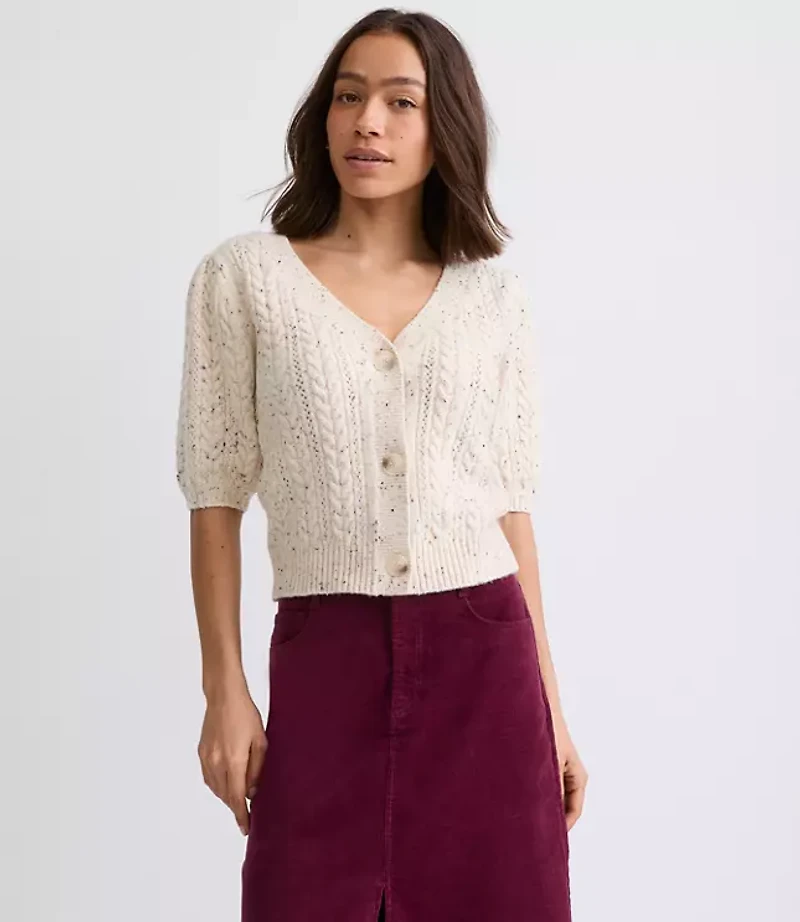 Petite Flecked Stitchy Puff Sleeve Cardigan