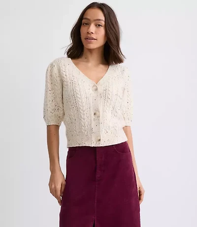 Petite Flecked Stitchy Puff Sleeve Cardigan