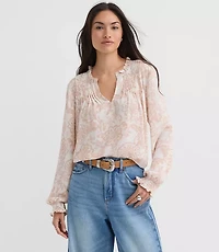 Floral Pintucked Ruffle Mixed Media Blouse