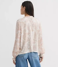 Floral Pintucked Ruffle Mixed Media Blouse