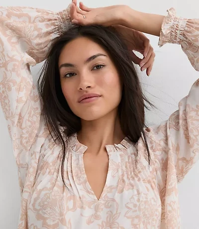 Floral Pintucked Ruffle Mixed Media Blouse