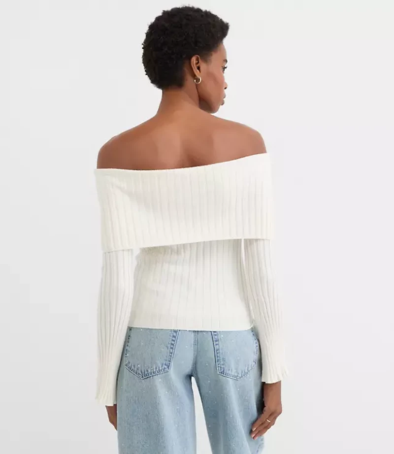 Ribbed Flare Sleeve Off The Shoulder Sweater