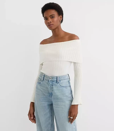 Ribbed Flare Sleeve Off The Shoulder Sweater