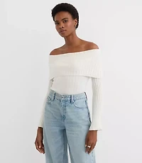 Ribbed Flare Sleeve Off The Shoulder Sweater