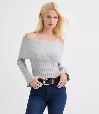Ribbed Flare Sleeve Off The Shoulder Sweater