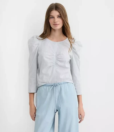Stripe Ruched Puff Sleeve Top