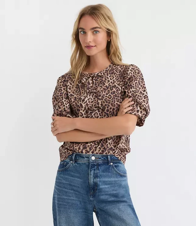 Leopard Print Poplin Bow Top