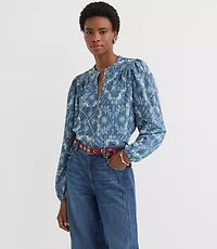 Floral Crinkle Knit Split Neck Blouse