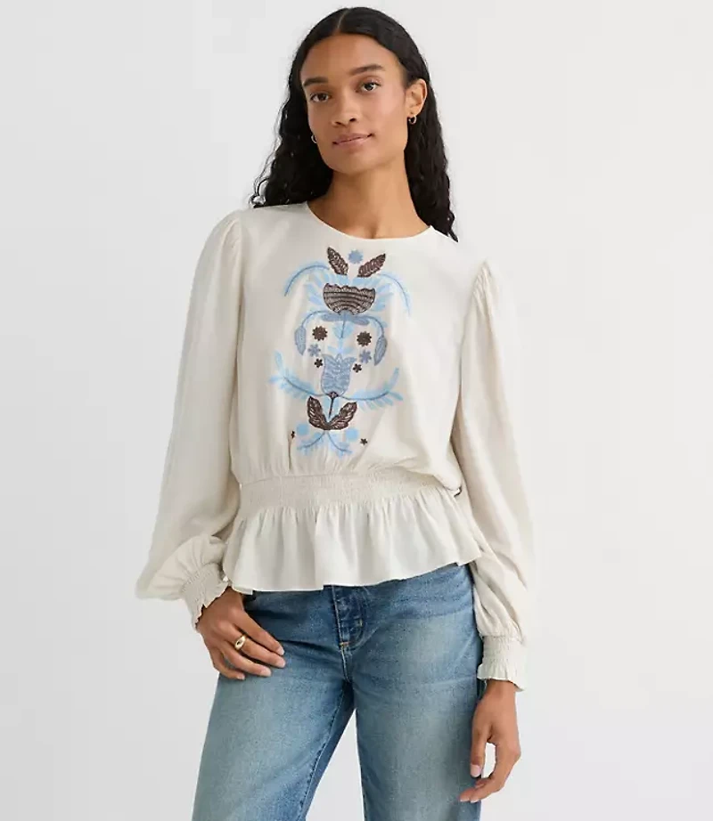 Petite Embroidered Smocked Peplum Blouse
