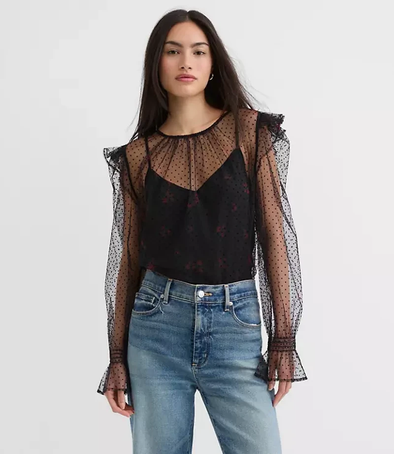 Petite Velvet Dot Tulle Floral Cami Blouse