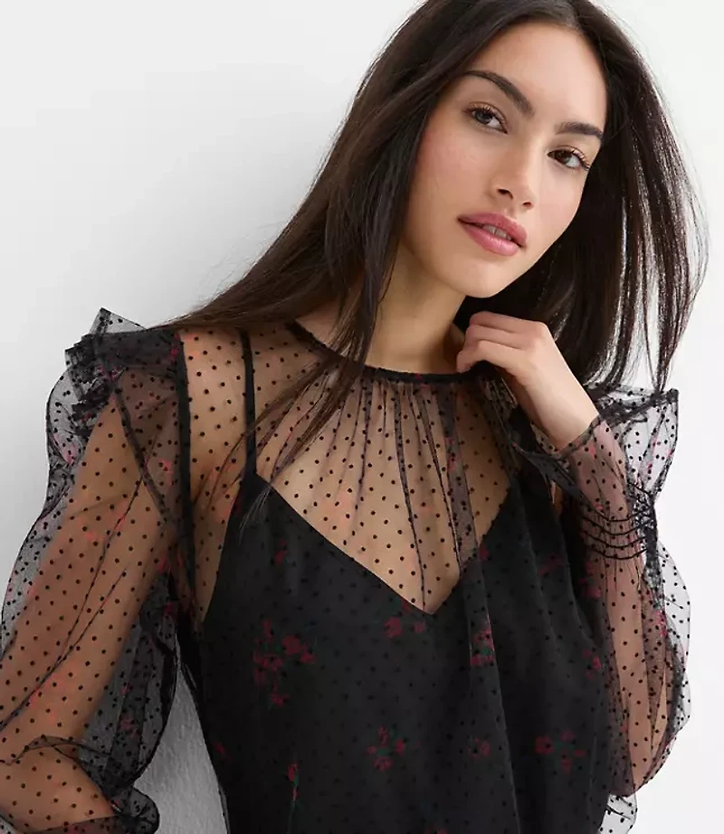 Petite Velvet Dot Tulle Floral Cami Blouse