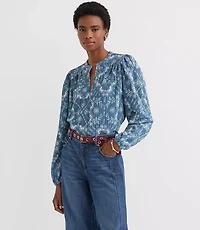 Petite Floral Crinkle Knit Split Neck Blouse