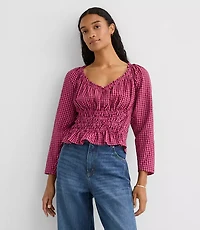 Gingham Smocked Ruffle V-Neck Blouse