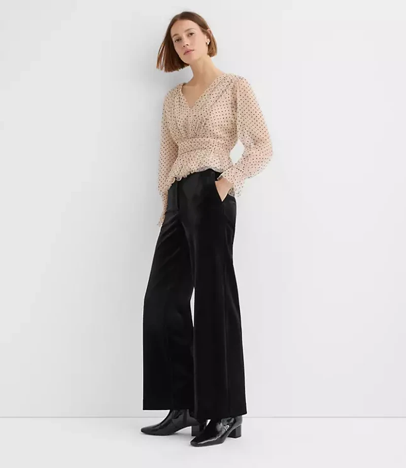 Petite Velvet Dot Tulle Tie Back Peplum Blouse