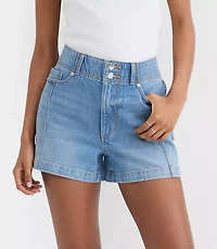 Rivete Seamed High Rise Denim Shorts Mid Wash