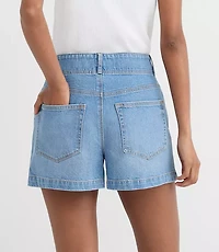 Rivete Seamed High Rise Denim Shorts Mid Wash