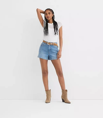 Rivete Seamed High Rise Denim Shorts Mid Wash