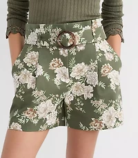 Round Buckle Belted Shorts Floral