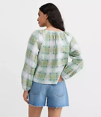 Plaid Gathered Keyhole Blouse