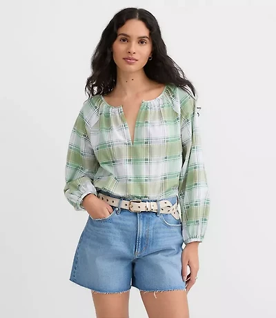 Plaid Gathered Keyhole Blouse