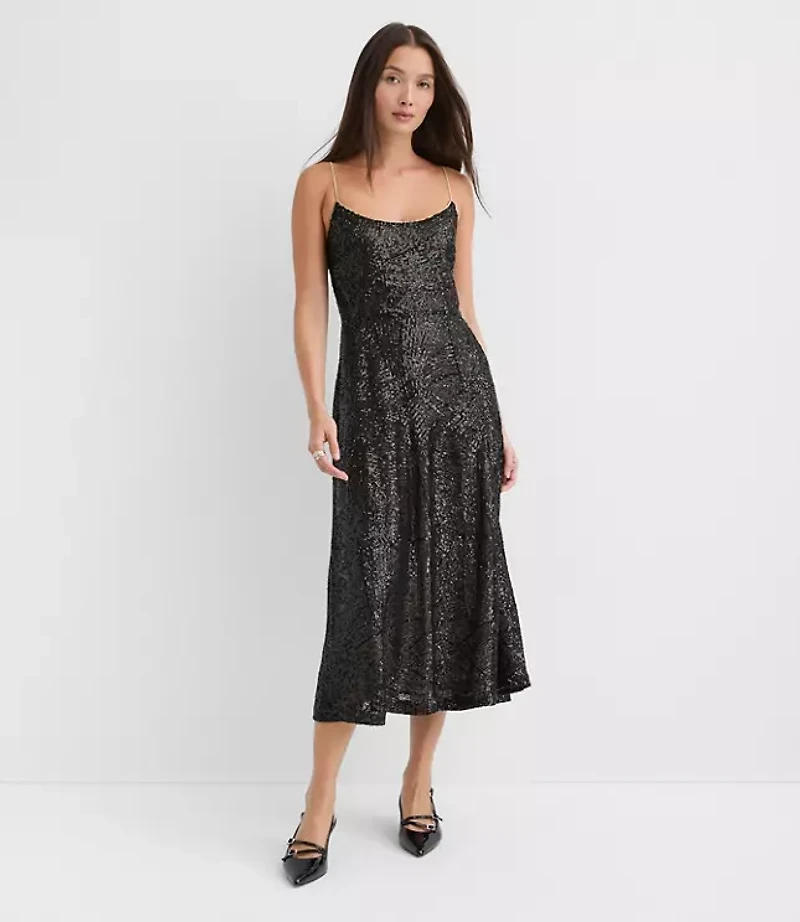 Petite Sequin Strappy Midi Dress