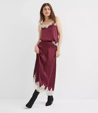 Tall Lace Trim Satin Midi Skirt