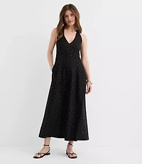 Dotted Linen Cotton Midi Pocket Halter Dress