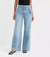 Rivete Petite Belted High Rise Wide Leg Jeans Light Wash