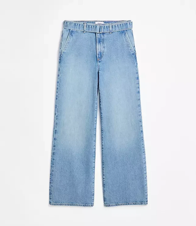 Rivete Petite Belted High Rise Wide Leg Jeans Light Wash
