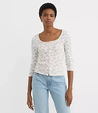 Petite Floral Scalloped Ribbed Square Neck Cardigan