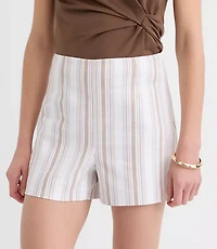 Darted Side Zip Shorts Striped Cotton Linen