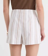 Darted Side Zip Shorts Striped Cotton Linen