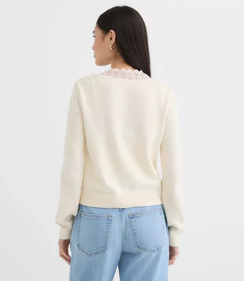 Petite Lace Trim V-Neck Cardigan