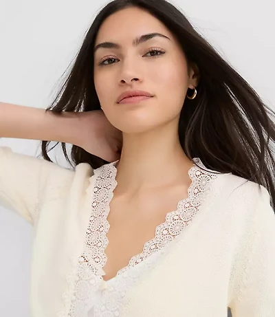 Petite Lace Trim V-Neck Cardigan