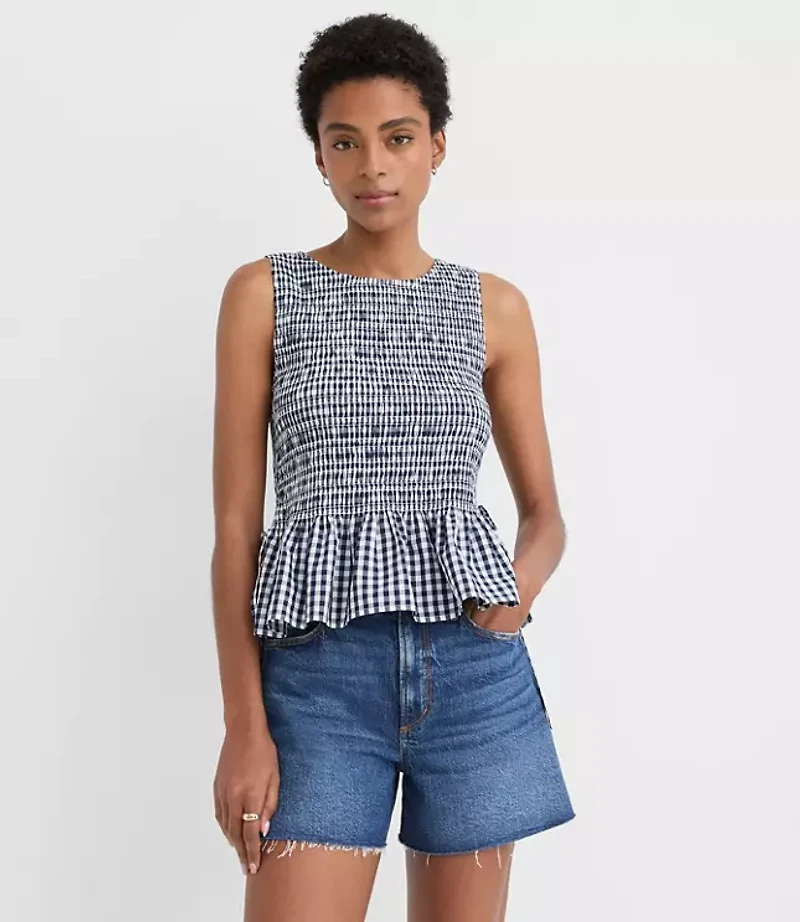 Gingham Poplin Side Tie Smocked Peplum Shell