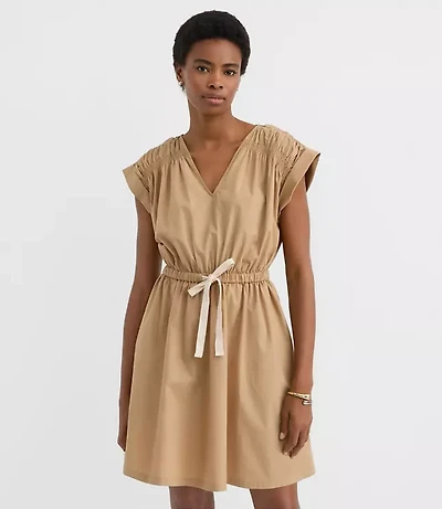 Poplin Shirred Tie Waist Mini Dress