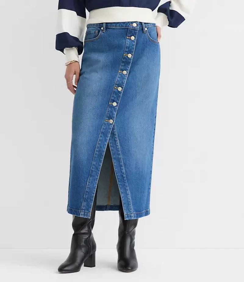 Petite Cutaway Denim Midi Skirt Modern Indigo Wash