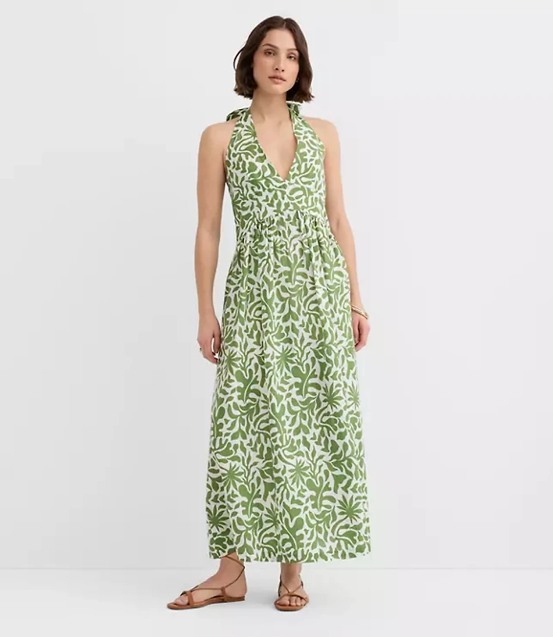Petite LOFT Beach Palm Linen Cotton Halter Maxi Dress
