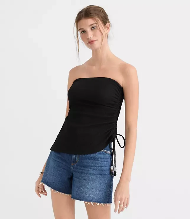 Beaded Ruched Asymmetric Strapless Top