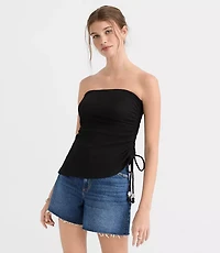 Beaded Ruched Asymmetric Strapless Top