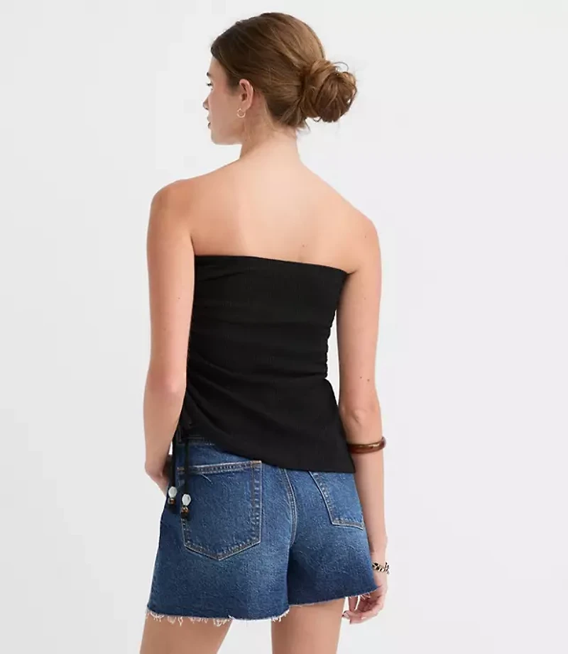 Beaded Ruched Asymmetric Strapless Top