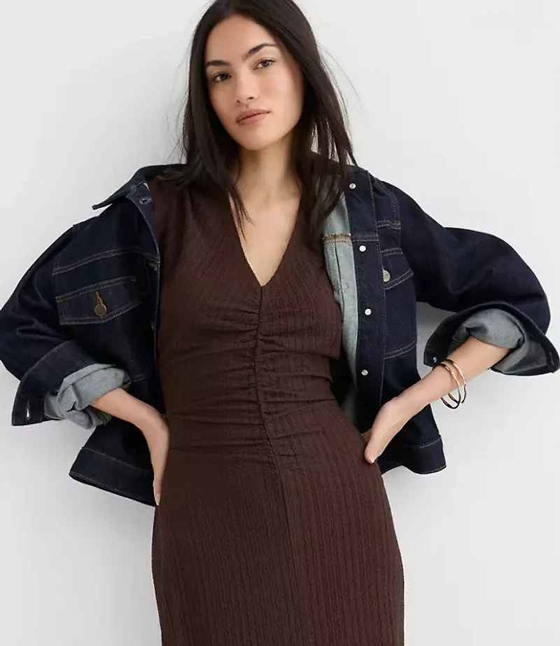 Textured Ruched V-Neck Midi Dress