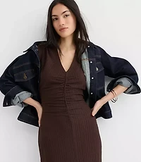 Textured Ruched V-Neck Midi Dress