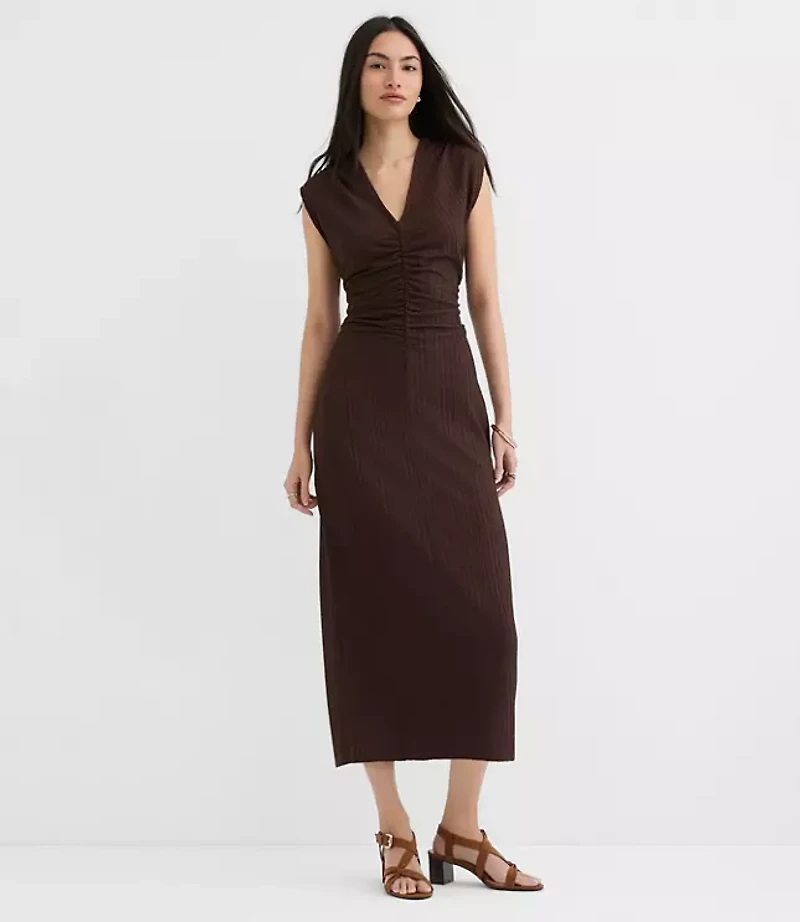 Textured Ruched V-Neck Midi Dress