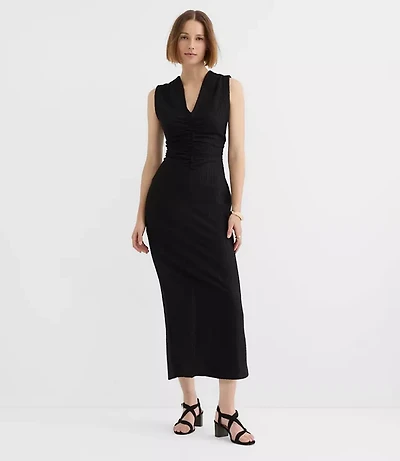 Textured Ruched V-Neck Midi Dress