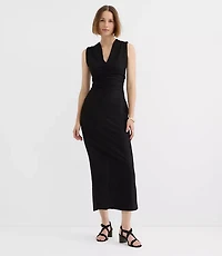 Textured Ruched V-Neck Midi Dress