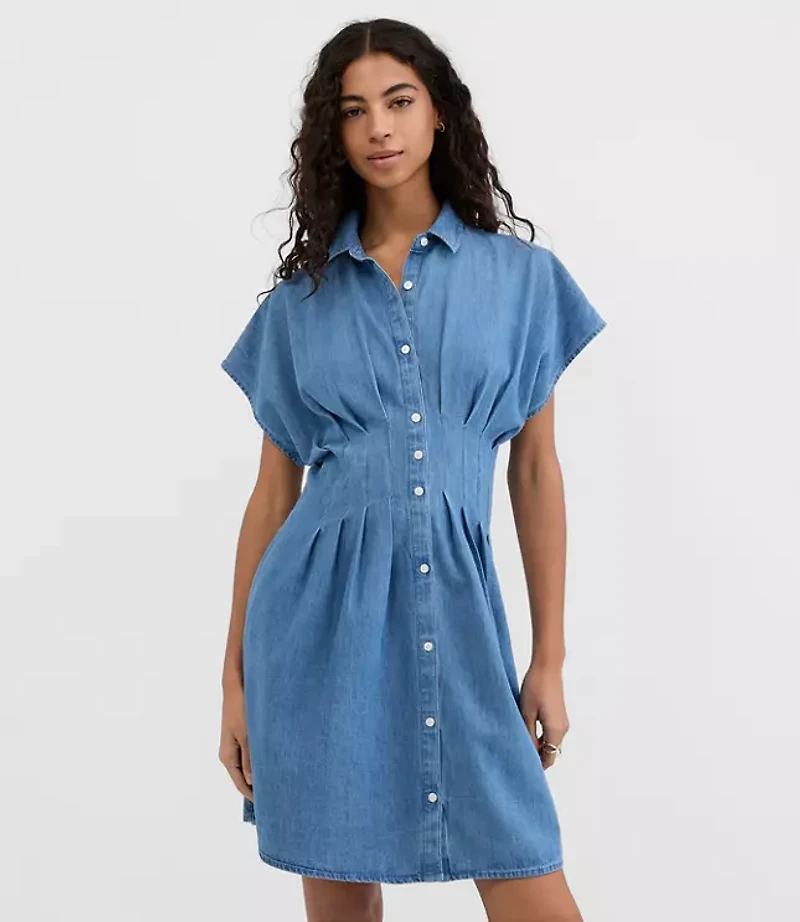 Chambray Pleated Mini Pocket Shirtdress